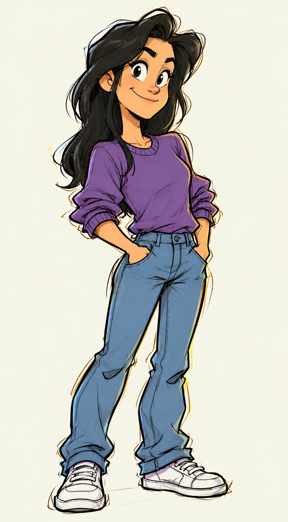 Starting image: a woman in a purple top and blue jeans, drawn with fine sketch lines.