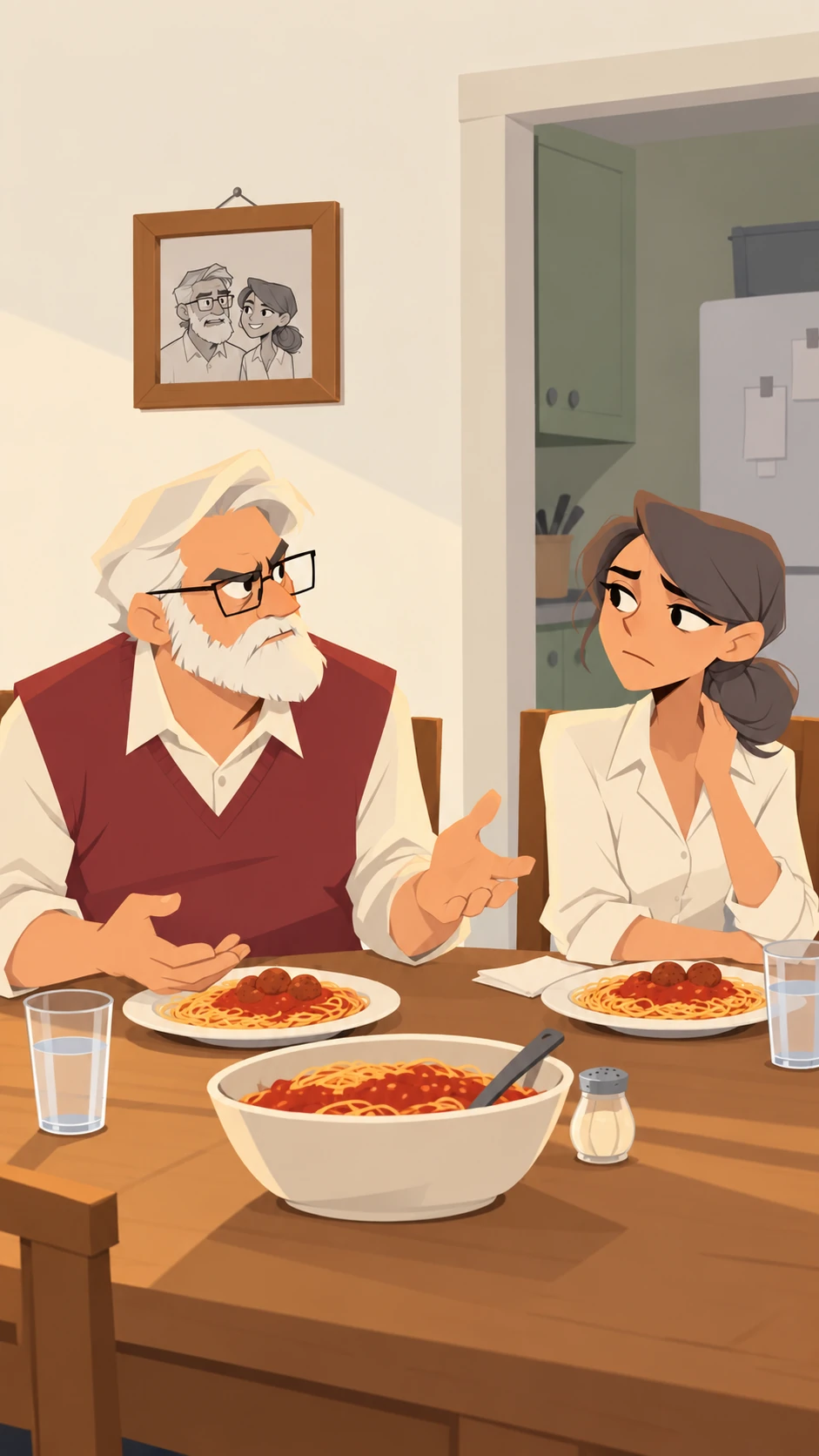 Original scene of two people at a dinner table.