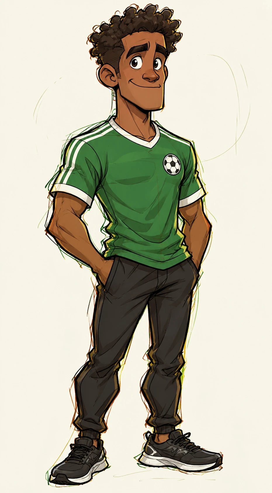 Style reference showing a footballer in loose ink and color.