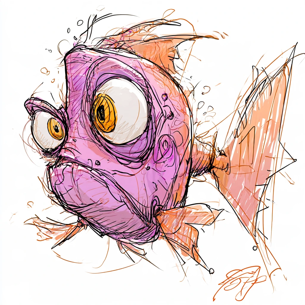 A purple fish with orange fins and oversized eyes